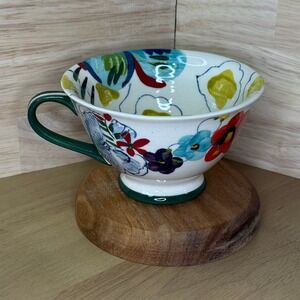 Handmade Ceramic Teacup Floral Butterfly Design Green Handle Estudios Flores